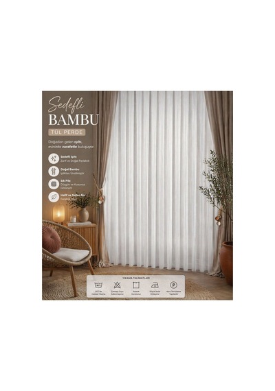Ütü İstemez Sedefli Lüx Bambu Model Tül Perde 1/2 Seyrek Pileli Özel Ölçü Şık-tasarım Ekru Ekru