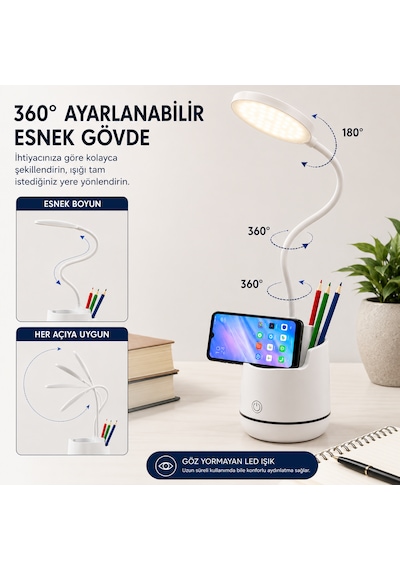 Şarjlı Led Masa Lambası Dokunmatik 3 Modlu Telefon Tutuculu Kalemlik Organizerli Esnek Gövdeli Çalışma Lambası Beyaz