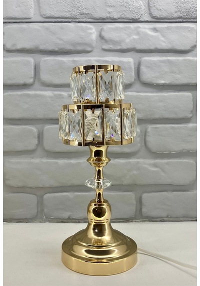 Modern Dekoratif Gold Metal Ayaklı Kristal Kademeli Taşlı Abajur Gold