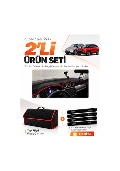 Suzukı Grand Vitara 2013-2025 Uyumlu Torpido Örtüsü + Tay Tüyü Bagaj Çantası Seti - Siyah Kırmızı