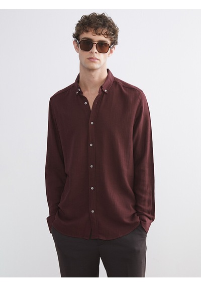 Lcw Vision Bordo Slim Fit Uzun Kollu Armürlü Erkek Gömlek