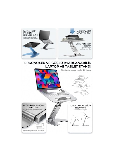 Notebook / Macbook Modelleri İle Uyumlu Uzayabilen Katlanabilir Ayarlı Çok Sağlam Alüminyum Tutucu