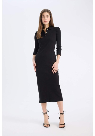 DeFacto Bodycon Vücudu Saran Polo Yaka Basic Düz Fitilli Kaşkorse Yarım Kollu Midi Elbise E2245AX25SPBK81 DeFacto Bodycon Vücudu Saran Polo Yaka Basic Düz Fitilli Kaşkorse Yarım Kollu Midi Elbise E2245AX25SPBK81