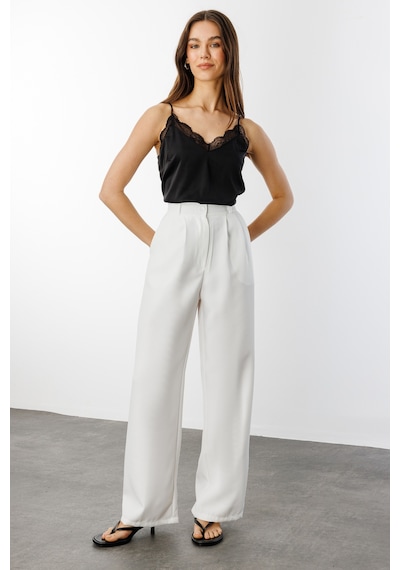 Genius Store Kadın Pileli Kumaş Yüksek Bel Palazzo Pantolon Pantolon-002 Beyaz
