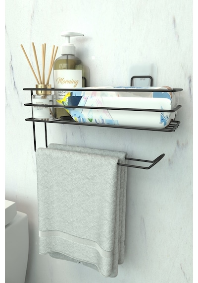 Zabata Yapışkanlı Banyo Rafı Kağıt Havlu Tutacağı Ve Metal Sabunluk Set Düzenleyici Siyah