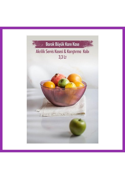 Bezos Akrilik Barok Mürdüm Büyük Kare Meyve & Salata Kasesi & Karıştırma Kabı / 3,3 Lt Cam Değildir Bty