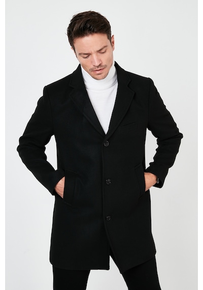 Buratti Slim Fit Tek Yırtmaçlı Düğmeli Mono Yaka Kaşe Erkek Kaban 5840098 Siyah