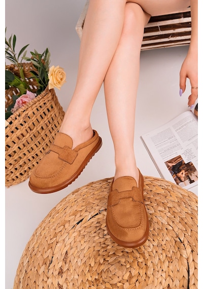 Muggo Vintage Süet Deri Günlük Rahat Önü Kapalı Kadın Loafer Terlik Taba