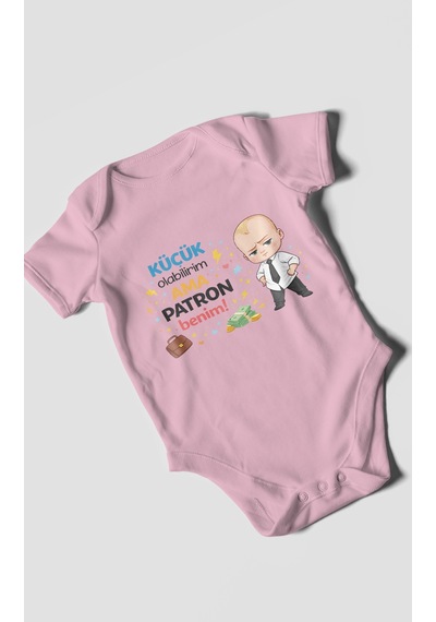 Morivokids Küçük Olabilirim Ama Patron Benim Kısa Kollu Bebek Body Koyu Pembe