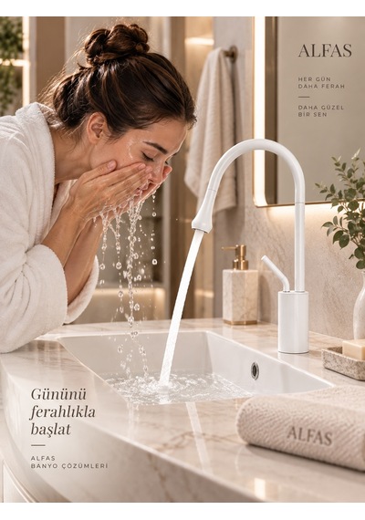 Alfas Beyaz Pirinç Banyo Lavabo Bataryası Yüksek Kuğu Boyun 360 Dömer Modern Tasarım