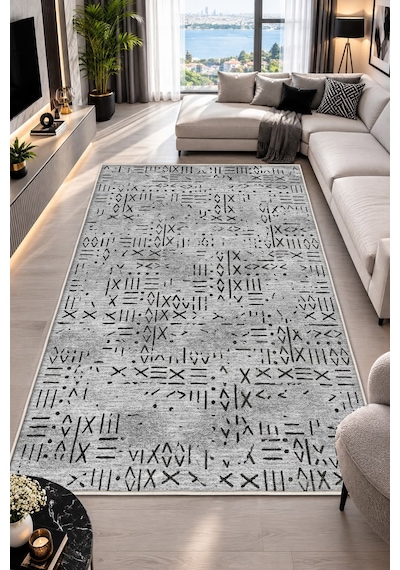 Gri Dijital Baskı Halı Kaymaz Tabanlı Yıkanabilir Halı Yolluk Salon Halısı1649