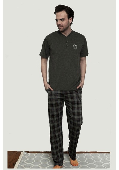 Alimer 1152KK-A Erkek Kısa Kollu Ekoseli Pijama Takımı Antrasit