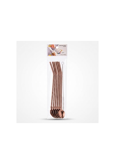 6 Lı Kaşıklı Pipet Seti - Bronz - Pipet Temizleme Fırçası Çok Renkli