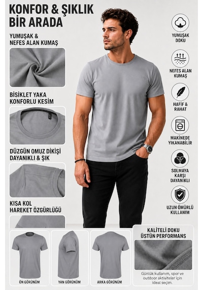 Luxıc Core Erkek Slim Fit Açık Gri Bisiklet Yaka Pamuk Penye Günlük Rahat Basic Tişört