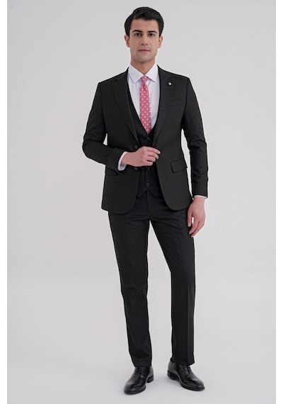 Efor Slim Fit Mono Yaka Çift Yırtmaç Armürlü Esnek Yünlü Siyah Yelekli Klasik Takım Elbise Tk 933 Siyah Efor Slim Fit Mono Yaka Çift Yırtmaç Armürlü Esnek Yünlü Siyah Yelekli Klasik Takım Elbise Tk 933 Siyah