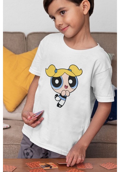 Sevbano Bubbles Baskılı Unisex Power Puff Çizgi Film Çocuk Tişört 1-12 Y Beyaz