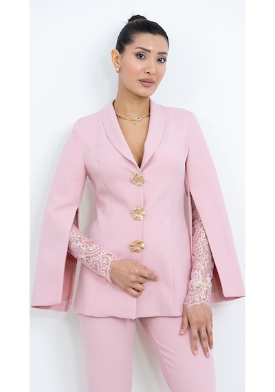 Dorne Moda Özel Koleksiyon Dantel Detaylı Takım Elbise - Düğün - Mezuniyet - Ofis Şıklığı Pembe