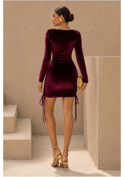 DefyModa Kadın Sade Kadife Kumaş Kruvaze Yaka Drapeli Mini Abiye Elbise Bordo