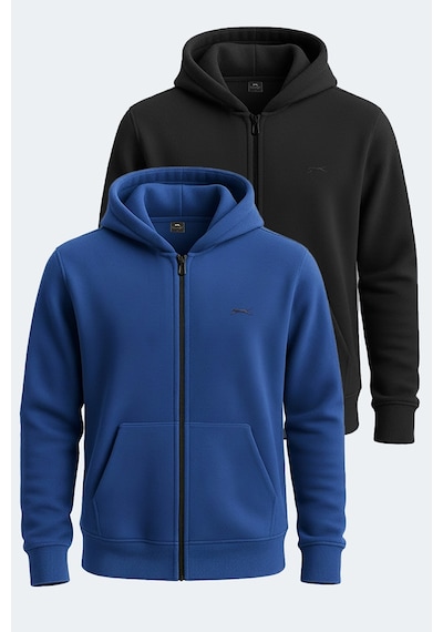 Slazenger Samson 2 Li Set Erkek Fermuarlı Kapüşonlu Cepli Sweatshırt Siyah - İndigo