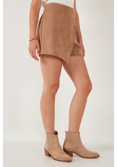 Lela Asimetrik Kışlık Scuba Süet Düğme Detaylı Slim Fit Bayan Şort Etek 5865968 Vizon