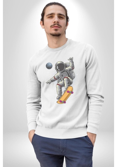 Atronot Kaykay Uzay Mars Unisex Beyaz Baskılı Sweatshirt Beyaz