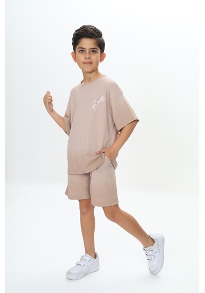 Toontoy Kids Toontoy Erkek Çocuk Yıkama Efektli Baskılı Şortlu Takım Bej