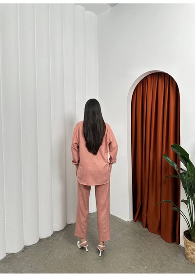 Meecy Kadın İkili Keten Gömlek Pantolon Alt Üst Takım İpli Pembe Pembe