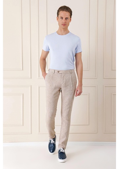 Efor Comfort Fit Beli Lastikli Pileli Keten Casual Bej Pantolon P 1145 Bej