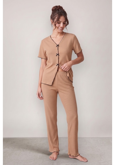 Bella Notte Kahverengi Mevsimlik V Yaka Pamuklu Fiyonk Detaylı Pijama Takımı
