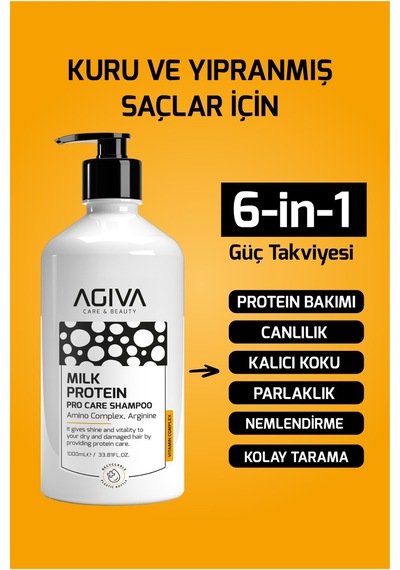 Milk Protein Saç Bakım Şampuanı 1000 Ml Agiva Care & Beauty Kuru Yıpranmış Saçlar Amino Complex