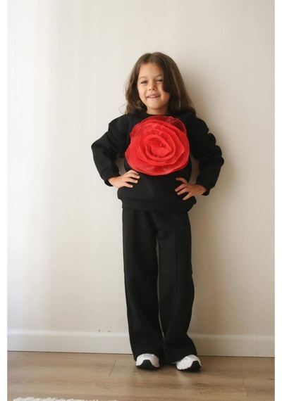 Jeliboomkidswear Çiçek Tasarım Kız 2li Takım Siyah