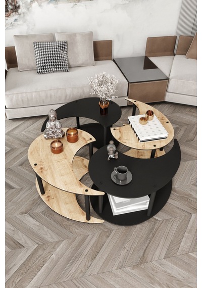 Yin Yang Unıty Serenıty Orta Sehpa 4 Lü Safir Meşe Siyah 90 Cm Siyah
