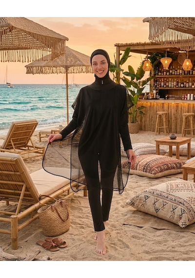 Pierre Cardin Büyük Beden Dik Yaka Fermuarlı İç Giyimli Çift Boneli File Elbiseli Tulum Kadın Tesettür Mayo Siyah Pierre Cardin Büyük Beden Dik Yaka Fermuarlı İç Giyimli Çift Boneli File Elbiseli Tulum Kadın Tesettür Mayo Siyah