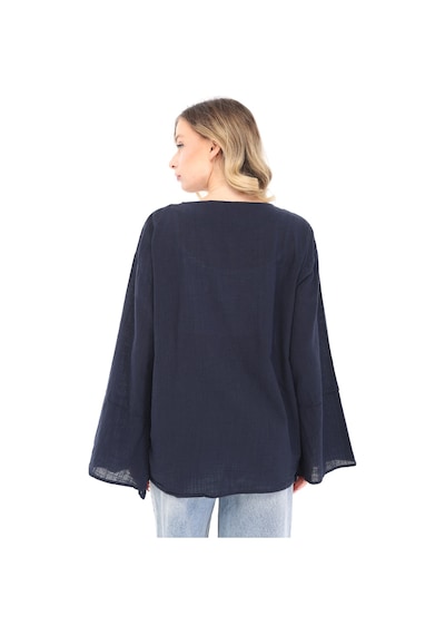 Blayn Jeans Blayn Kadın Keten Kimono Oversize Rahat Kalıp Yazlık Uzun Kollu Kimono Lacivert
