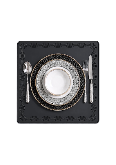 Nakışlı Deri Amerikan Servis 2'li Set Çift Taraflı Kare Supla 40x40 Cm Raya Siyah