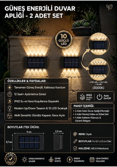 2'li Set Güneş Enerjili Duvar Apliği 10 Led'li Su Geçirmez Dış Mekan Aydınlatma Gün Işığı 2 Adet