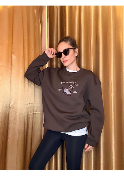 Ali Butik Kahve Doggie Club Nakış İşlemeli Şardonlu Sweatshirt Kahve