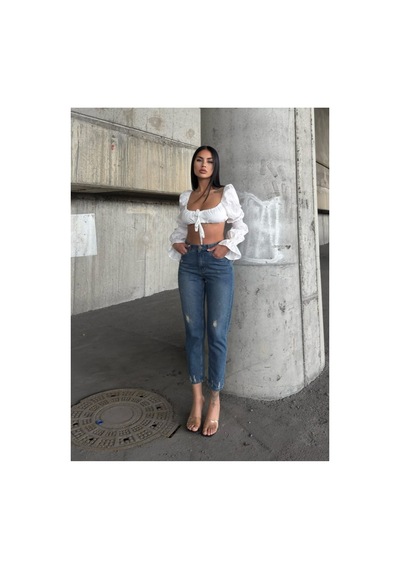 Kene Jeans Yüksek Bel Tintli Tam Kalıp Lazer Yırtık Mom Jeans Tint İşlemli