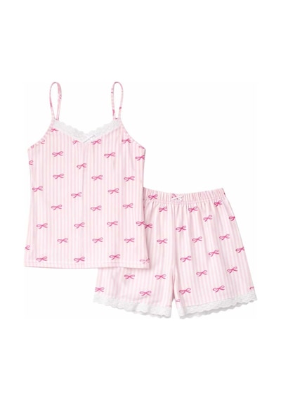Tenra Kadın Pembe Çizgili Fiyonk Desenli İp Askılı Şortlu Pijama Takımı Dantel Detaylı