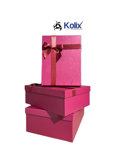 Kolix 3 Lü Fuşya Fiyonklu Hediyelik Dekoratif Bohça Yeni Yıl Yılbaşı Kutusu 35-25-13 Cm