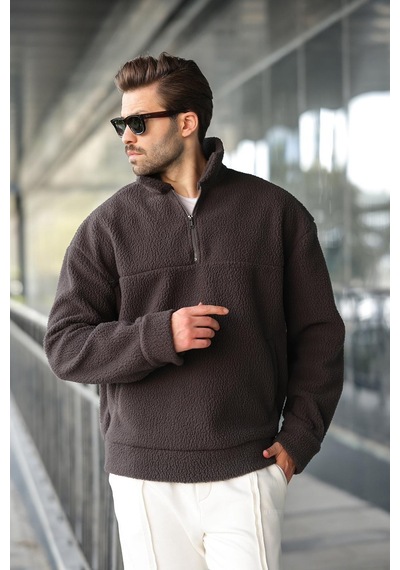 Madmext Füme Yarım Fermuarlı Dik Yaka Polar Sweatshirt E7165 Füme