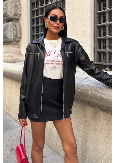 Florie Oversize Suni Deri Ceket 6108 R1-o-k2 Siyah