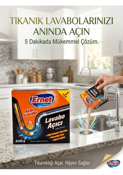 Bulaşık Makinesi Temizleyicisi 2'li + Ernet Granül Lavabo Açıcı 2'li Süper Hijyen Seti"