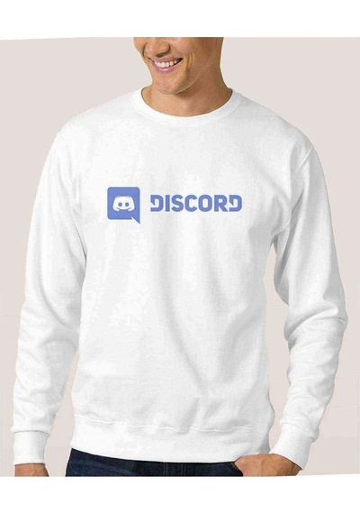 Discord Yazı Baskılı Beyaz Erkek Örme Sweatshirt