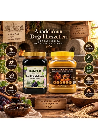 Bozkır Tahin Merkezi Yerli Ata Tohumu Altın Susam Tahini net 935 G + Köy Üzüm Pekmezi 950 G