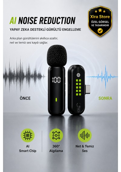 Bwc-10 Çiftli Kablosuz Mikrofon Type-c Lightning Aı Gürültü Engelleme Dijital Ekran Tripodlu 20-30 Metre
