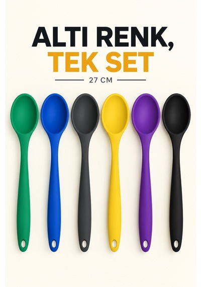 6'lı Set Yeşil Mavi Antrasit Sarı Mor Siyah, Büyük Boy Silikon Kaşık Seti 27 Cm Mutfak Servis Kaşığı