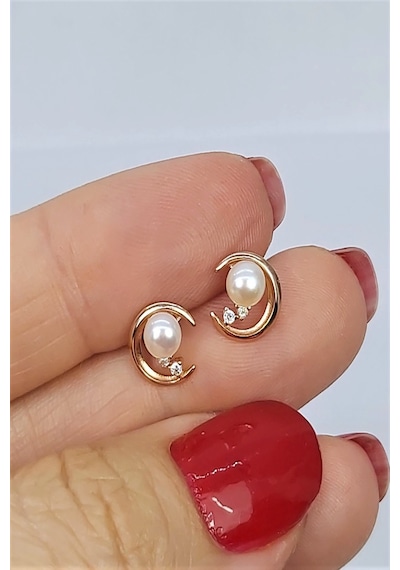 925 Ayar Rose Renk Hilal Içi Incili Gümüş Küpe