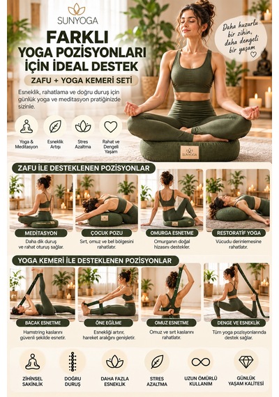 Zafu Meditasyon Minderi + 200 Cm Yoga Kemeri Seti Karabuğday Dolgulu 35x12 Cm Yeşil
