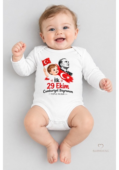 Babyden's İlk 29 Ekim Cumhuriyet Bayramım Baskılı Bebek Çıtçıtlı Body Uzun Kollu %100 Pamuk Unisex Zıbın Badi Beyaz - Kırmızı